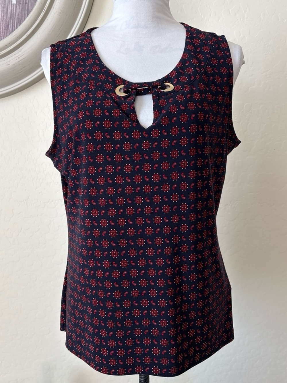 Tommy Hilfiger Navy Sleeveless Tank with Red Dot Medallion Print and Gold Ring